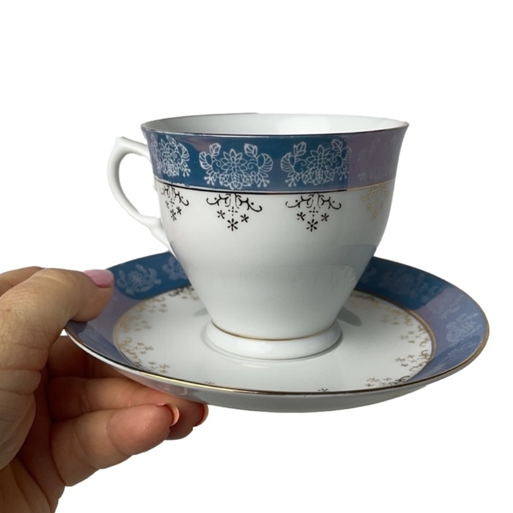 Tea Cup & Saucer White Blue Lustreware and Gold Trim